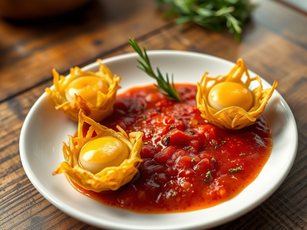 Vogelnestjes van kwarteleitjes met tomatensaus, AI-gegenereerde illustratie
