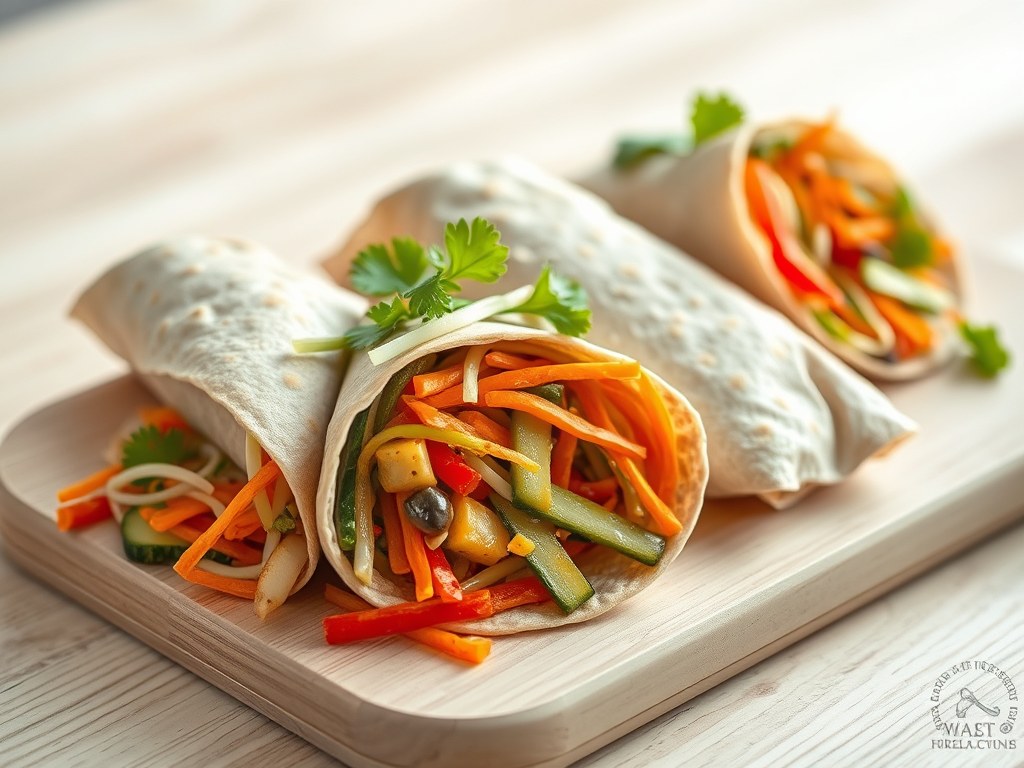 Volkorenwraps met wokgroenten, AI-gegenereerde illustratie