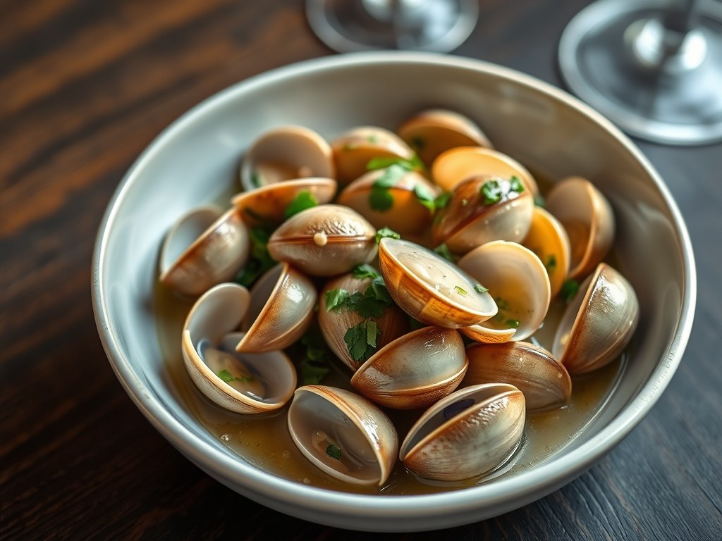 Vongole (=Venus)schelpjes als Voorafje, AI-gegenereerde illustratie