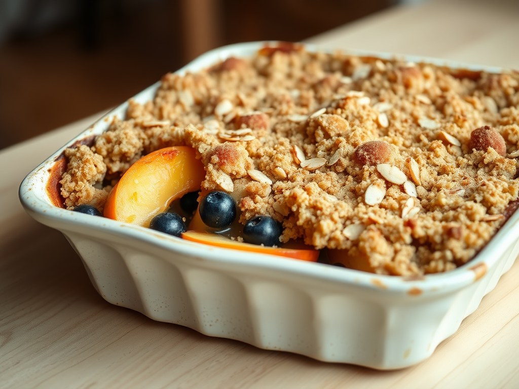 Vruchten crumble met amandelroom, gebruineerde ama, AI-gegenereerde illustratie