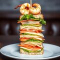 Warme clubsandwich van lasagne met gebakken scampi