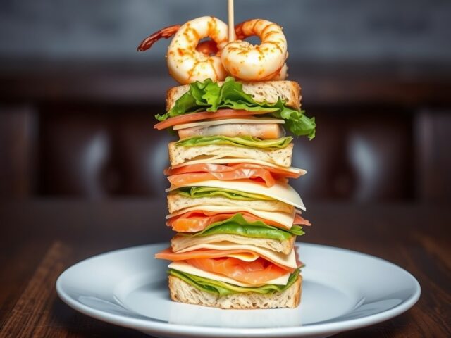 Warme clubsandwich van lasagne met gebakken scampi