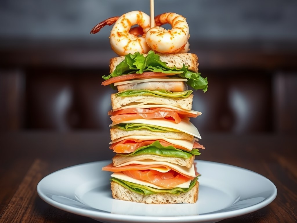 Warme clubsandwich van lasagne met gebakken scampi, AI-gegenereerde illustratie
