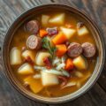 Wintergroentensoep met worst, aardappel en spekjes