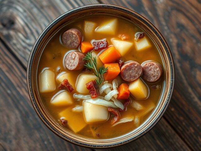 Wintergroentensoep met worst, aardappel en spekjes