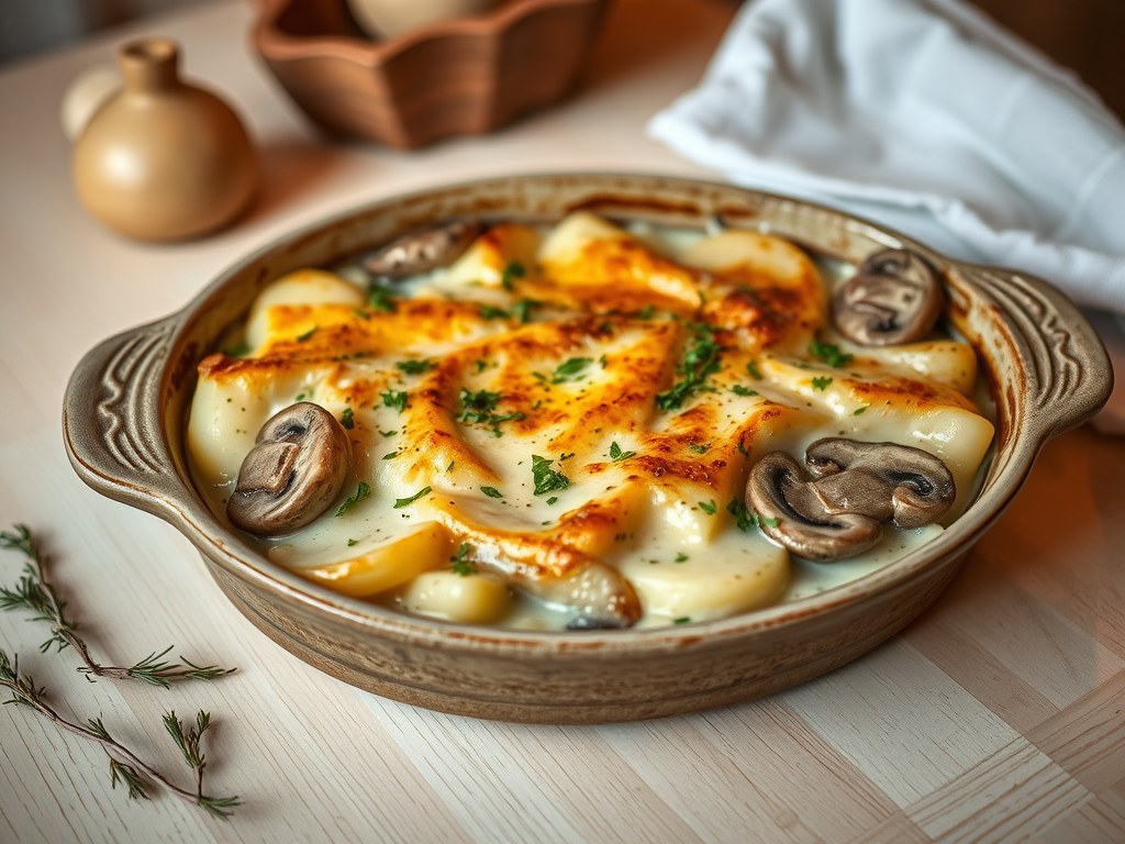 Winterse Boursin-ovenschotel, AI-gegenereerde illustratie