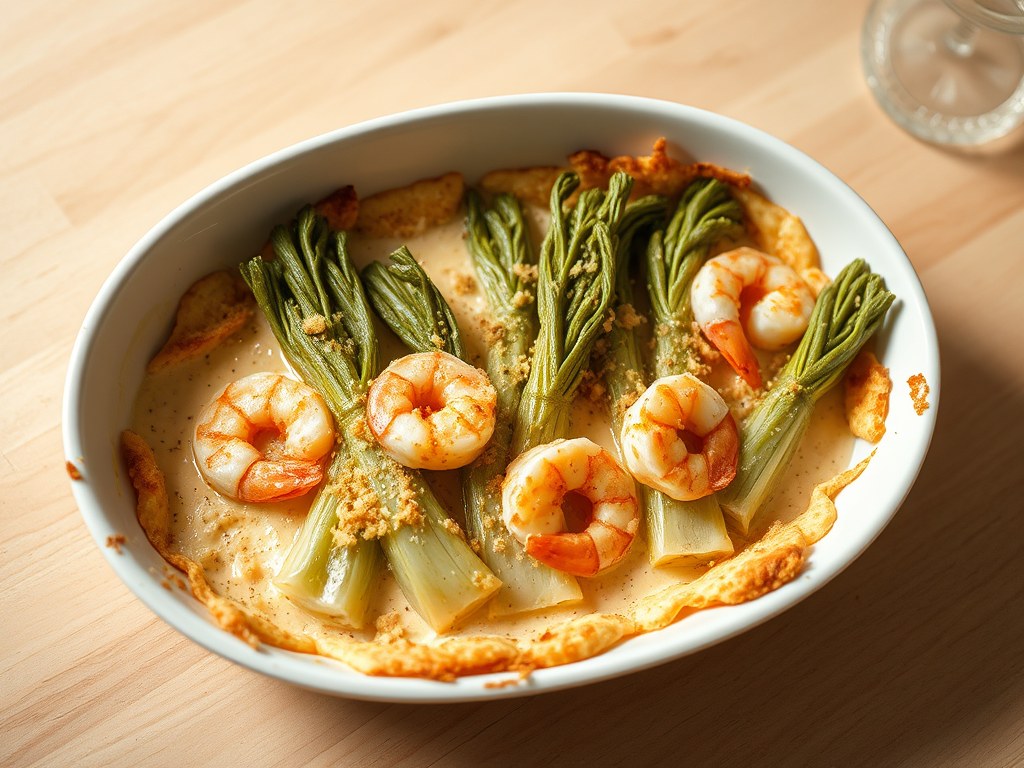 Witlofgratin met garnalen, AI-gegenereerde illustratie