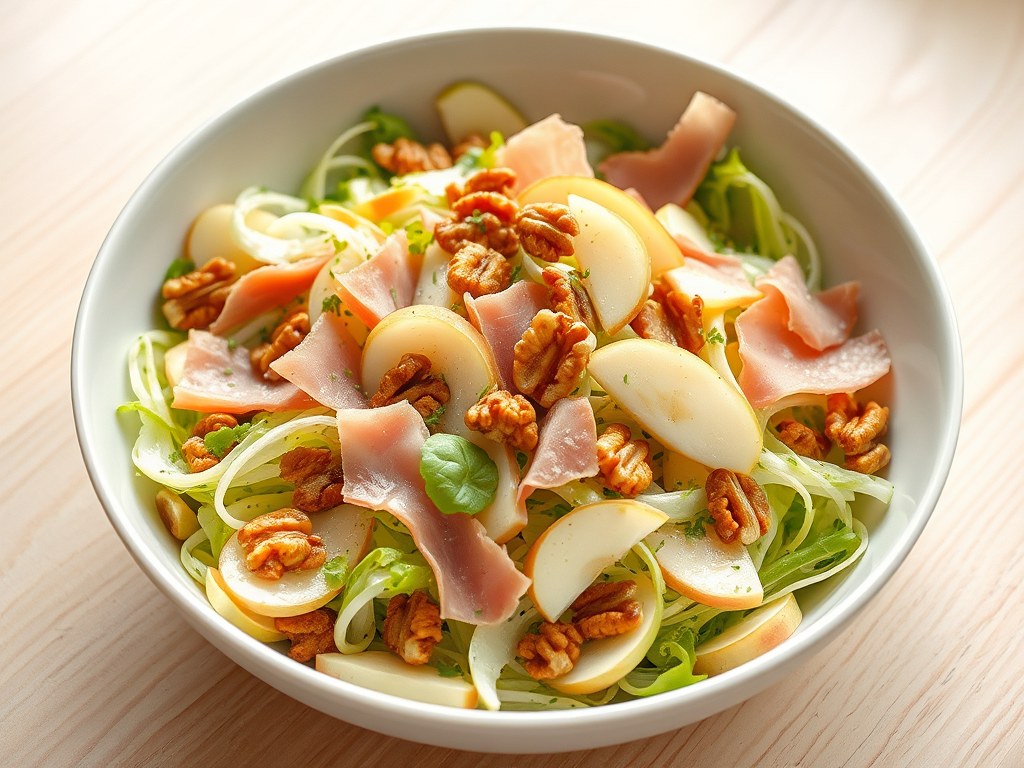 Witlofsalade met appel en gerookte ham, AI-gegenereerde illustratie