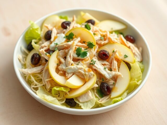 Witlofsalade met appel, gerookte kip en rozijnen