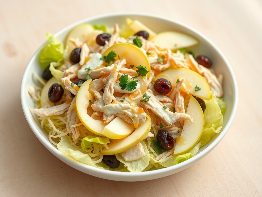 Witlofsalade met appel, gerookte kip en rozijnen, AI-gegenereerde illustratie