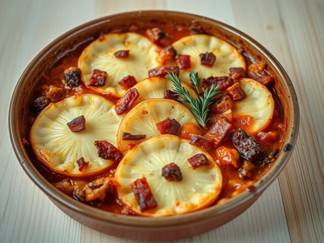 Witlofschotel met katenspek en tomatensaus