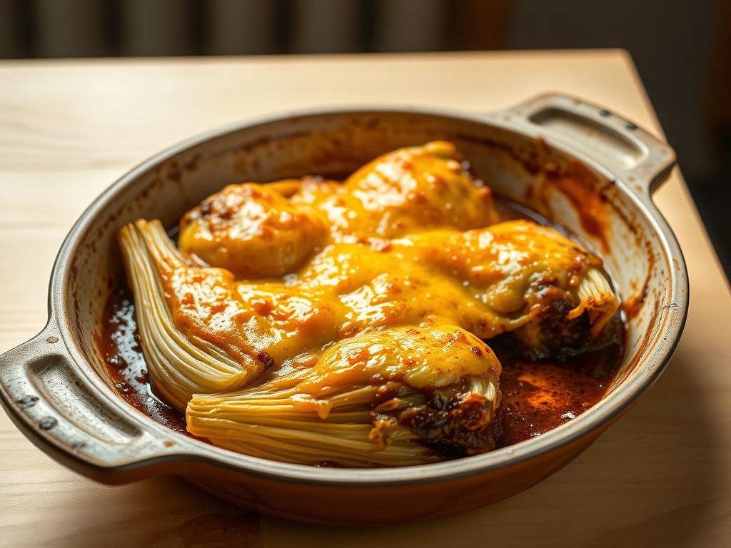 Witlofschotel met ketjapsaus en kaas, AI-gegenereerde illustratie