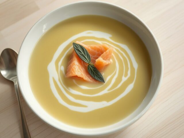 Witlofsoep met mosterd en zalm