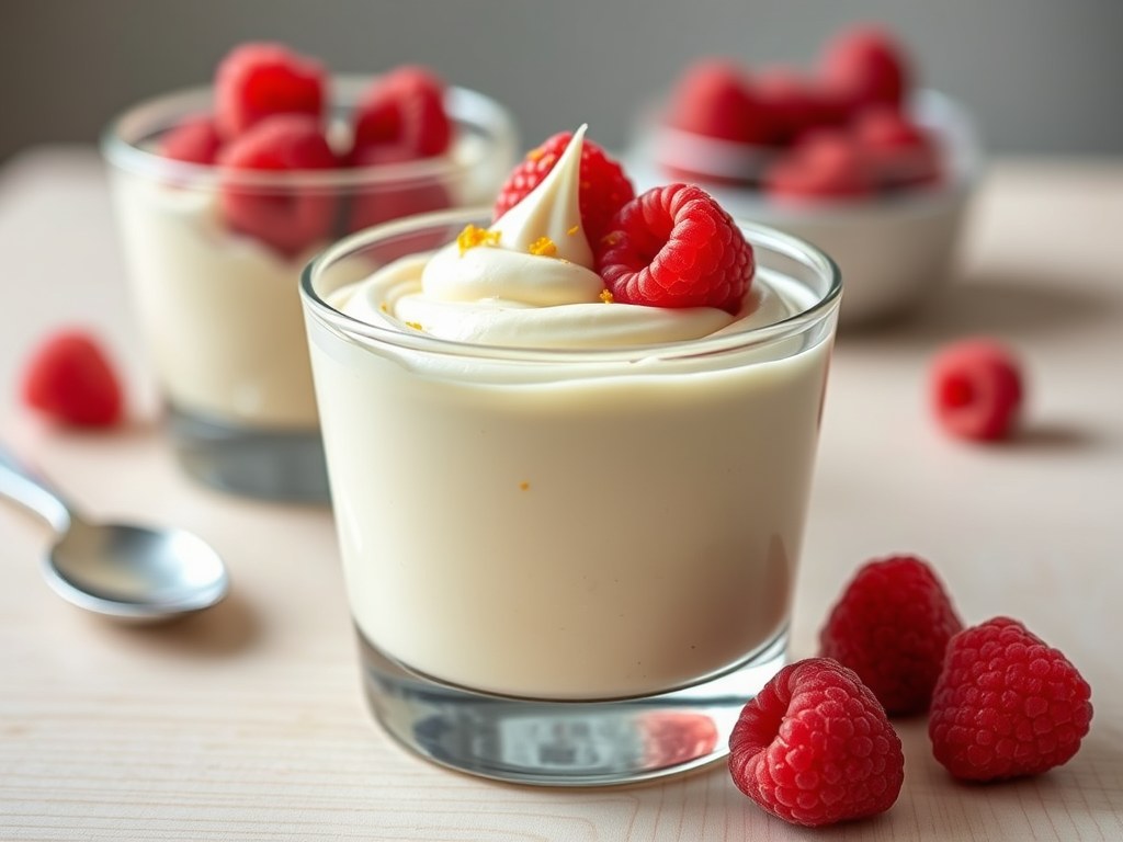 Witte-chocolademousse met frambozen, AI-gegenereerde illustratie