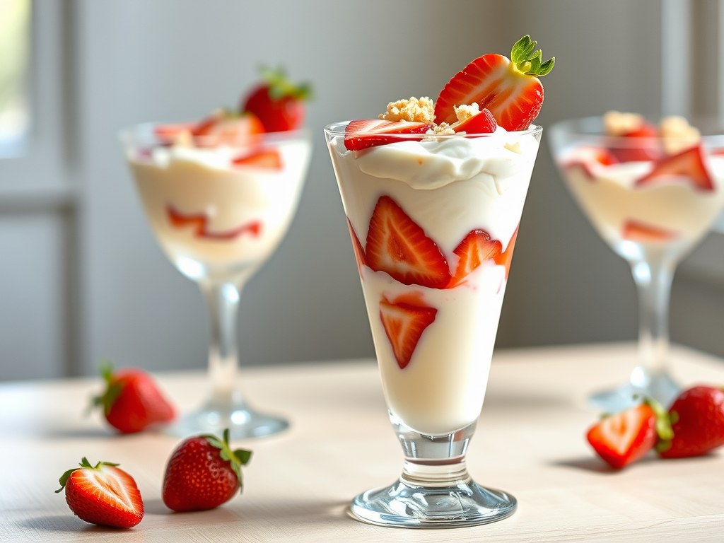Witte chocoladesyllabub met aardbeien, AI-gegenereerde illustratie
