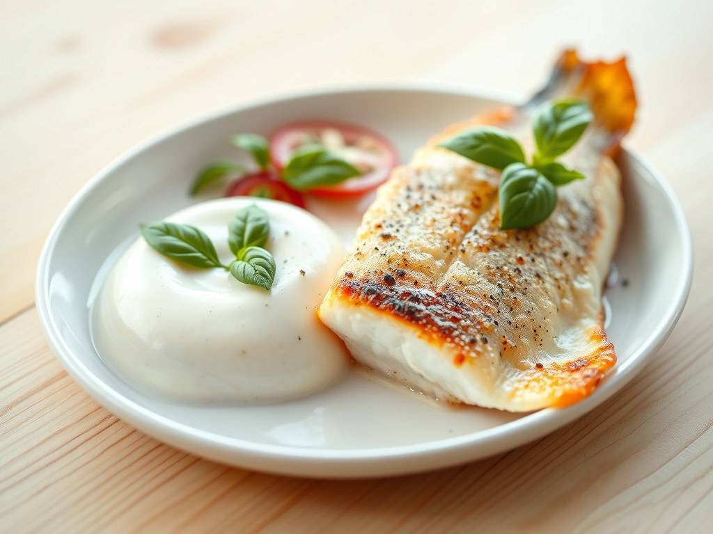 Witte tomatenmousse met zeebaars, AI-gegenereerde illustratie