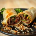 Wok Roll gevuld met rendang vlees, bamboescheuten