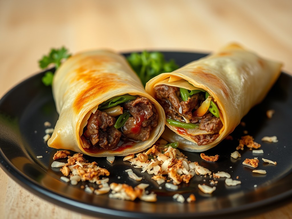 Wok Roll gevuld met rendang vlees, bamboescheuten, AI-gegenereerde illustratie
