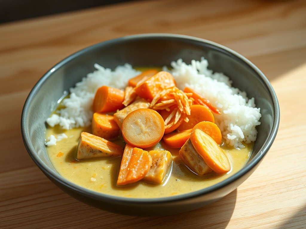 Wortelcurry met kokos en vissaté, AI-gegenereerde illustratie