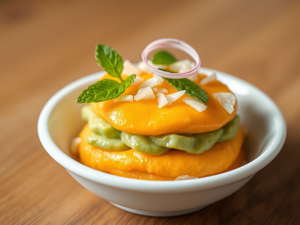 Wortelmousse met avocado en krab, AI-gegenereerde illustratie