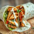Wrap met kipshoarma, ijsbergsla, eigengemaakte sambalsaus en eigengemaakte knoflooksaus