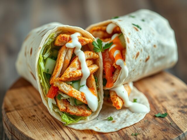 Wrap met kipshoarma, ijsbergsla, eigengemaakte sambalsaus en eigengemaakte knoflooksaus