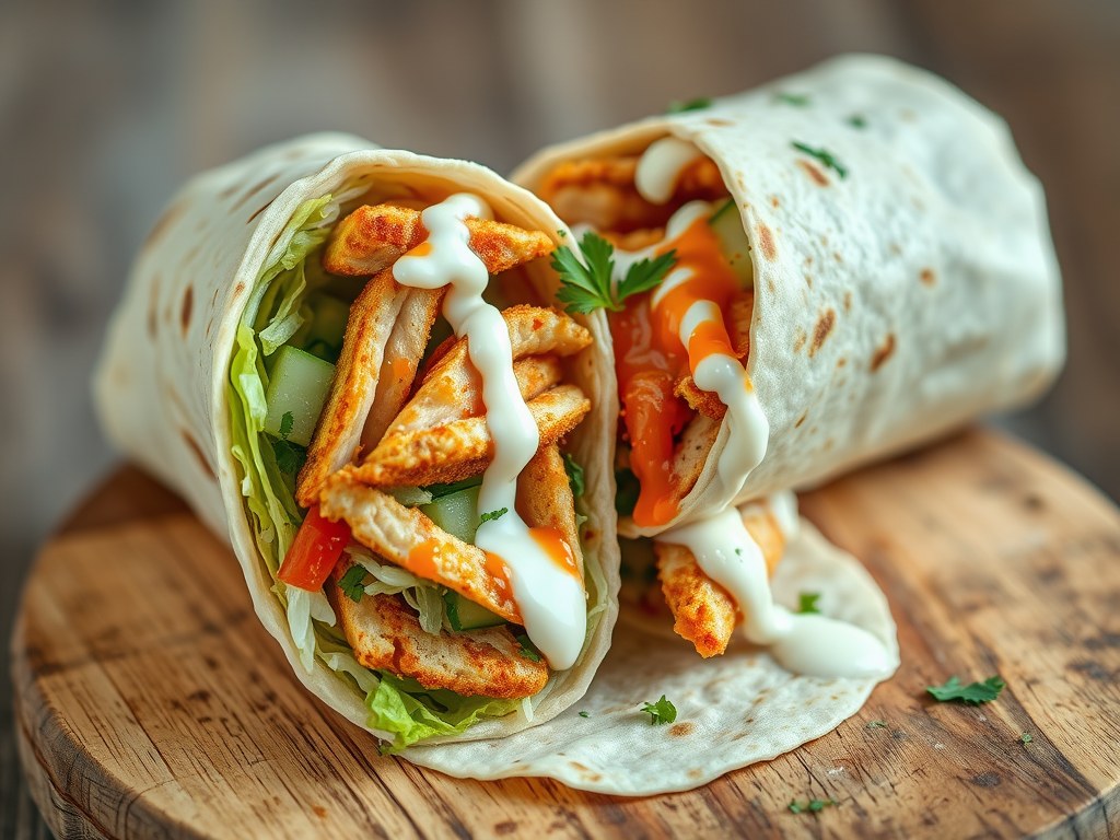 Wrap met kipshoarma, ijsbergsla, eigengemaakte sambalsaus en eigengemaakte knoflooksaus, AI-gegenereerde illustratie