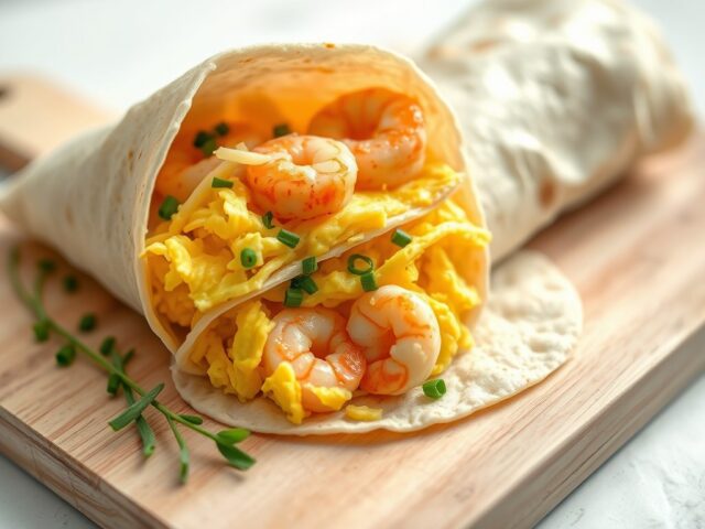 Wrap met roerei en Hollandse garnalen