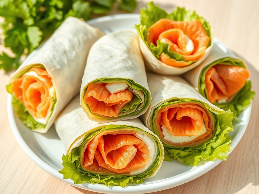 Wraps met zalm en kruidenkaas (koud), AI-gegenereerde illustratie