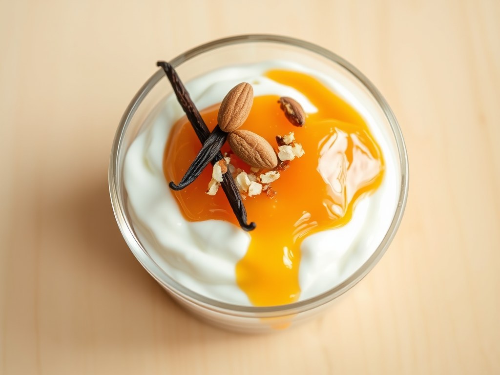 Yoghurt met abrikozen compote, AI-gegenereerde illustratie