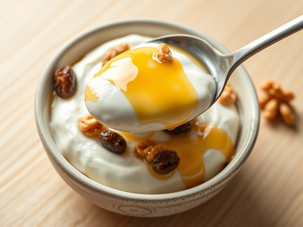 Yoghurt met honing en walnoten, AI-gegenereerde illustratie