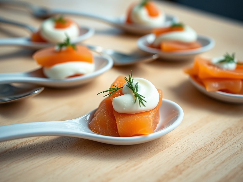 Zalm amuse op lepel, AI-gegenereerde illustratie