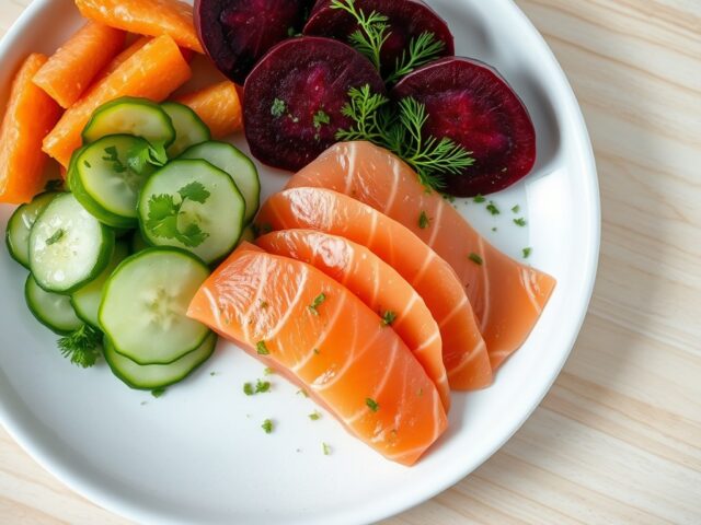Zalm-Biet met speciale Komkommersalade