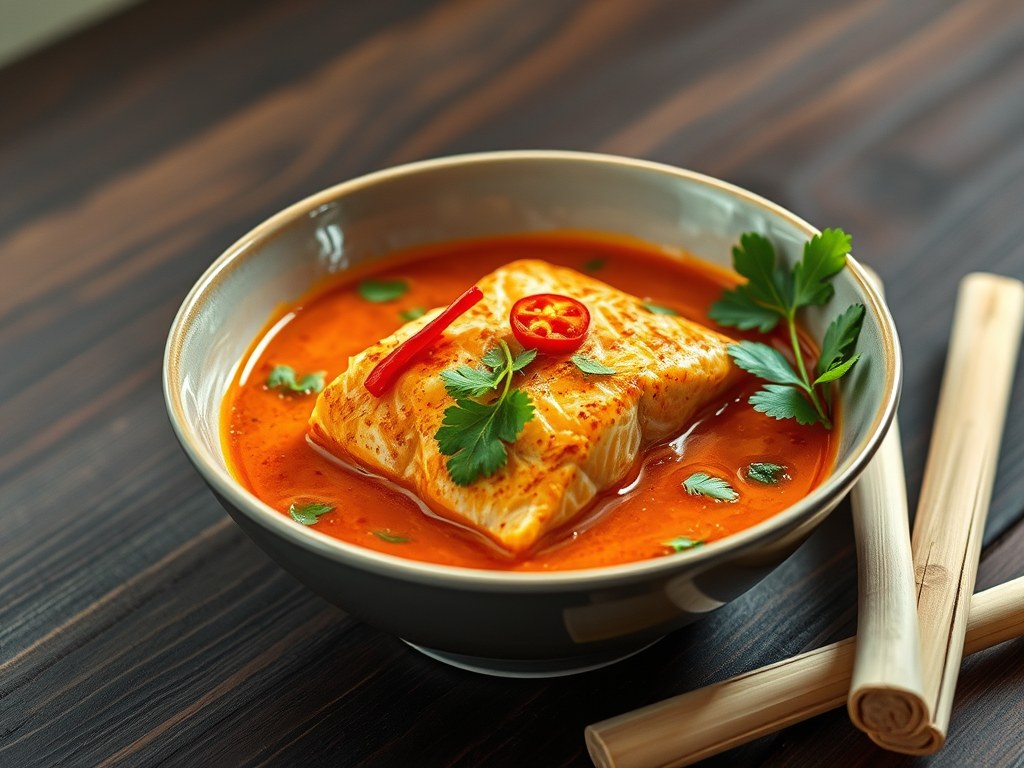 Zalm Curry (Met Rode Curry van Thai Onoff Spices), AI-gegenereerde illustratie