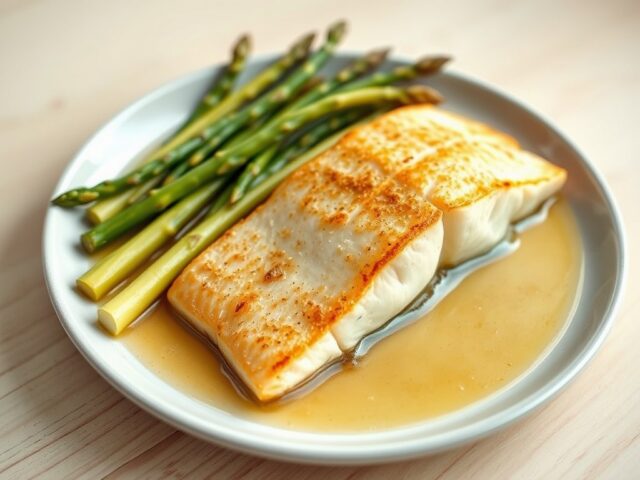 Zalm, gebakken met Citroensaus, Venkel en Asperges