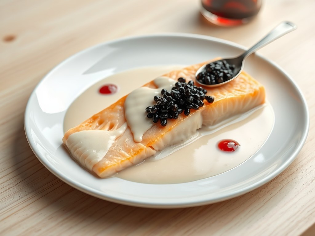 Zalm in champagne gegaard met een (zie opm), AI-gegenereerde illustratie