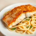 Zalm met prei en pasta