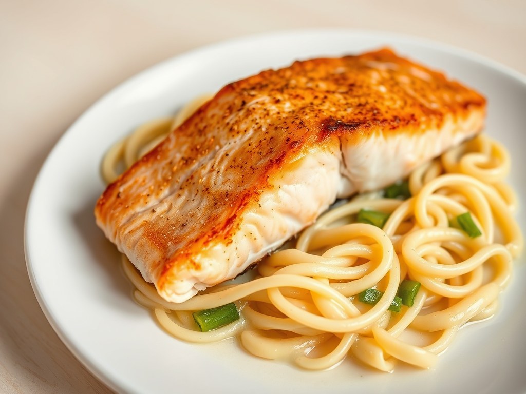 Zalm met prei en pasta, AI-gegenereerde illustratie