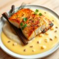 Zalm met puree, schorseneren en hollandaise met pickles