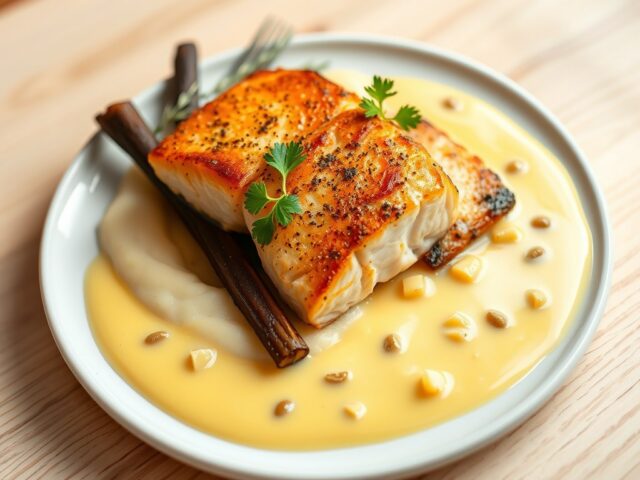 Zalm met puree, schorseneren en hollandaise met pickles