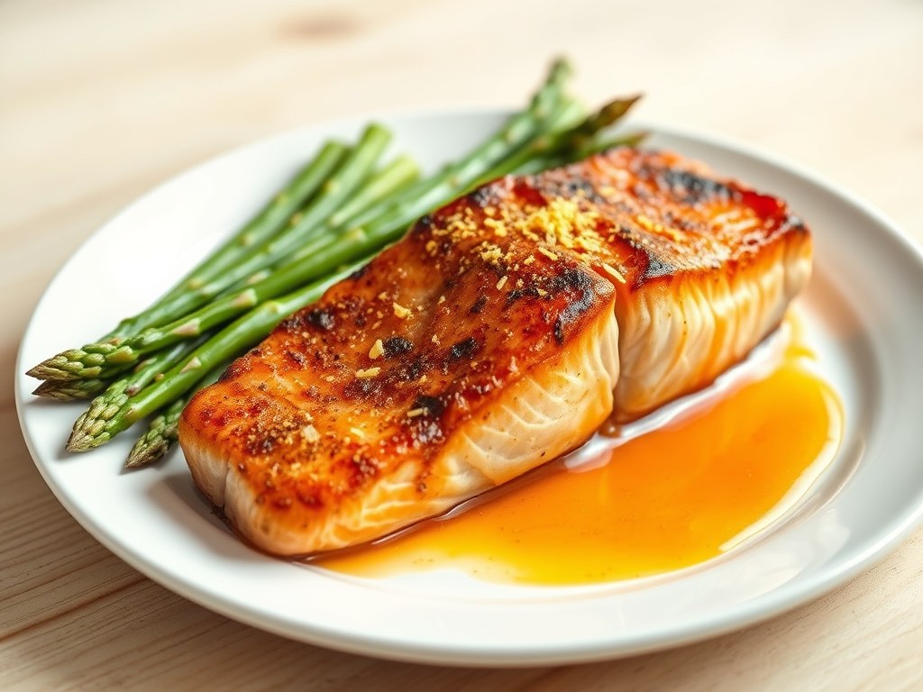Zalm met Sinaasappel-Limoenjus en Groene Asperges, AI-gegenereerde illustratie