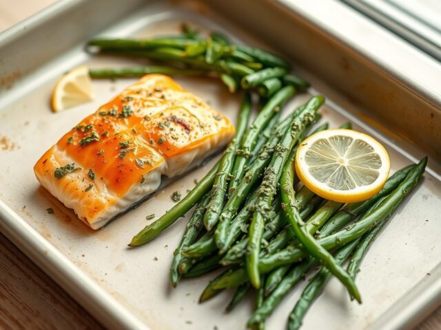Zalm met sperziebonen en pesto uit de oven