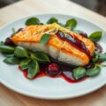 Zalm op Spinaziesalade met Kersensaus