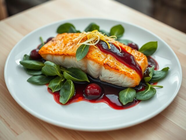 Zalm op Spinaziesalade met Kersensaus
