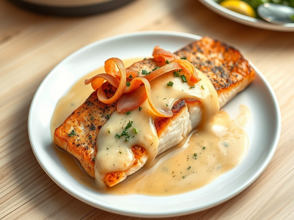 Zalm uit Asturië met cider (Salmón a la Ribereña), AI-gegenereerde illustratie