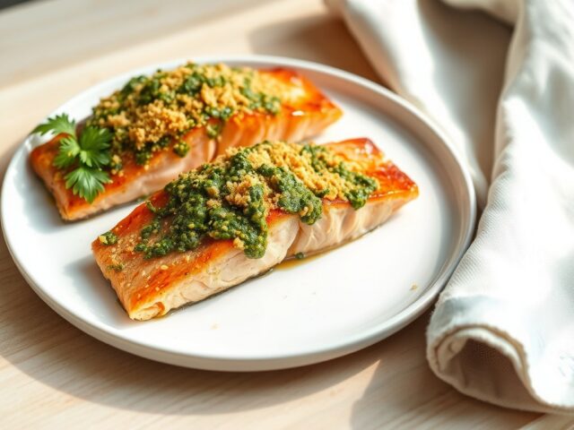 Zalm uit de oven met pesto en honing