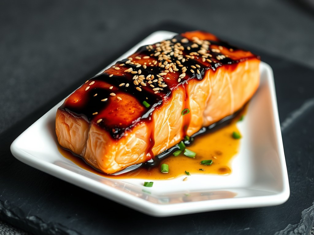 Zalm uit de Soja Saus met Gember en Hete Sesam Olie, AI-gegenereerde illustratie