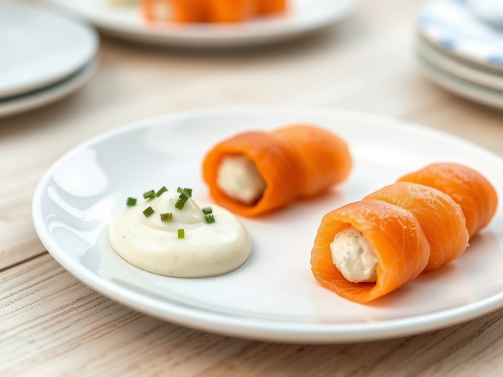 Zalmbonbon met mierikswortel mayonaise, AI-gegenereerde illustratie