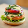 Zalmburger met pesto en knoflooksaus