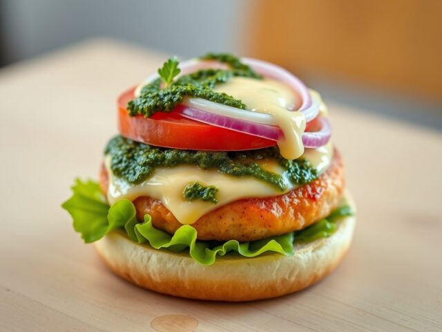 Zalmburger met pesto en knoflooksaus